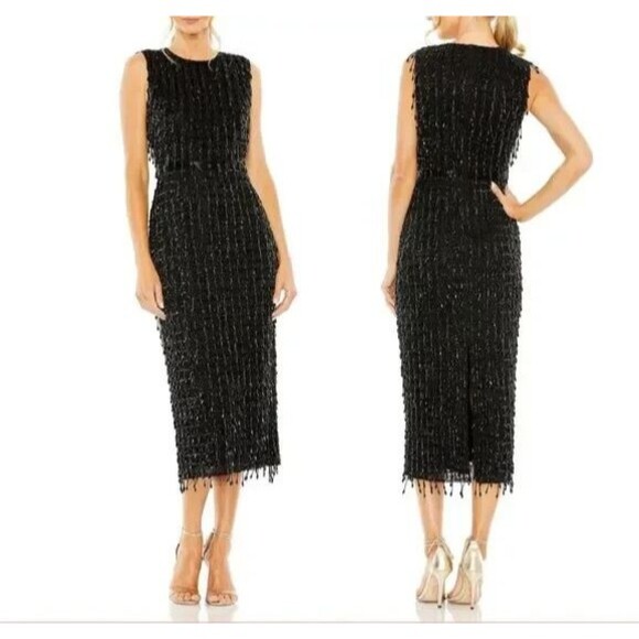 MAC DUGGAL 5471 BLACK EMBELLISHED HIGH NECK BEADED MIDI SHEALTH DRESS sz 16 $598 - Picture 2 of 6